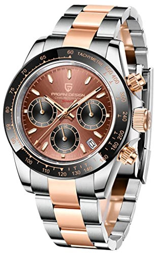 Pagani Design Herren Uhren VK63 Quarzwerk Edelstahl 100M Wasserdicht Panda-Zifferblatt Armbanduhr Chronograph 1644, braun, Klassisch