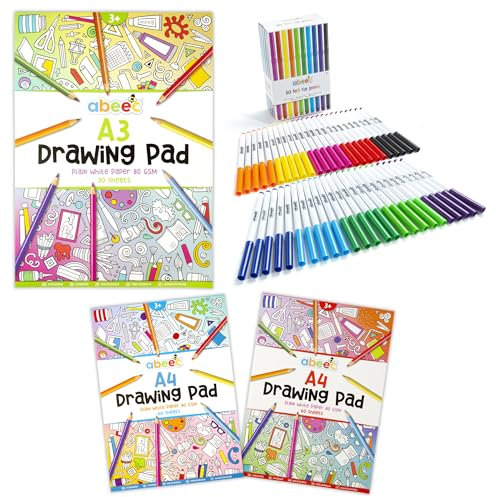 abeec Kids Creative Art Set – 50 Assorted Felt Tip Pens & 3-Pack Drawing Pads (150 Sheets) – Perfect for Arts and Crafts, Sketching, and Coloring Fun