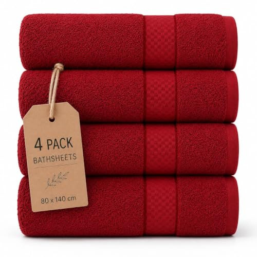 Casabella Luxury Pack Of 4 Bath Sheet 100% Egyptian Cotton Super Soft towel_Red