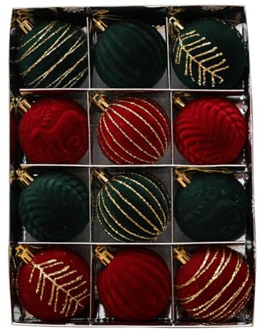 Bolas de Navidad de terciopelo irrompibles para árbol de Navidad, 6,9 cm, 12 bolas rojas y verdes