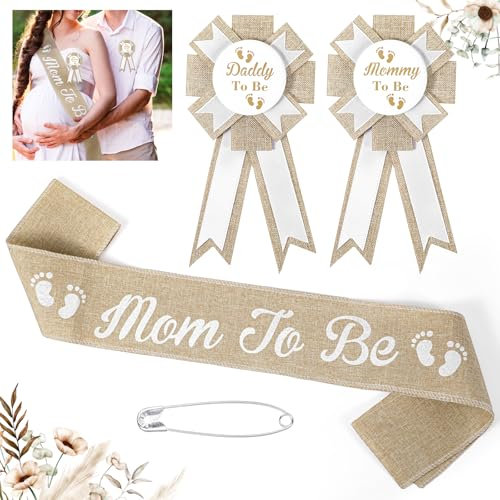 Qianyu Écharpe en toile de jute neutre pour fête prénatale, décoration de fête prénatale pour futur papa – Corsage de fleurs pour future maman – Décorations de fête rustique bohème pour maman enceinte