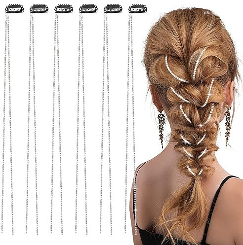 Strass Haarketten Quaste Haarspangen Ketten Punk Kristall Haarspangen Bling Haarschmuck Lange Haarspangen mit Strasssteinen für Frauen Mädchen 6 Stück