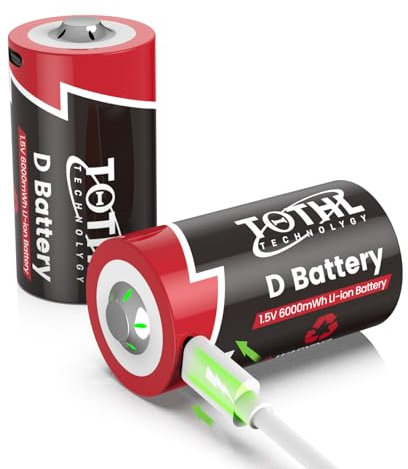 Lot de 2 piles au lithium D rechargeables 1,5 V D 6000 mWh - Batterie de rechange LR20 - Pour lampe de poche
