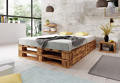 Lermowood Palettenbett M2 aus Holz 180 x 200 cm Geflammt mit Lattenrost und 2 Bettkästen Holzbett 40cm Stabiles Seniorenbett Kinderbett Jugendbett Gästebett erhöhtes Bettgestell Futonbett Komforthöhe