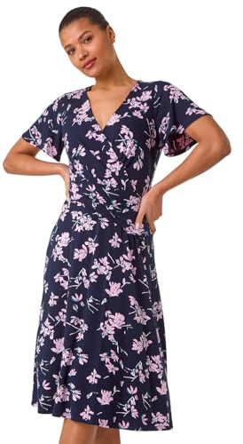 Roman Originals Wrap Dress for Women UK Ladies Swing Skater Fit & Flare A Line Tea Stretch Knee Length V-Neck Holiday Summer Smart Casual Work Party Evening - Floral Pink - Size 10