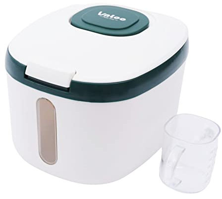 Distributore di Riso 5kg con Tazza di Misurazione Dispenser Cereali Monoblocco Resistente Insetti e Umidità Stoccaggio Riso, Grano, Soia, Fagioli Rossi, Mais e Altri Cereali (Verde, Beige)