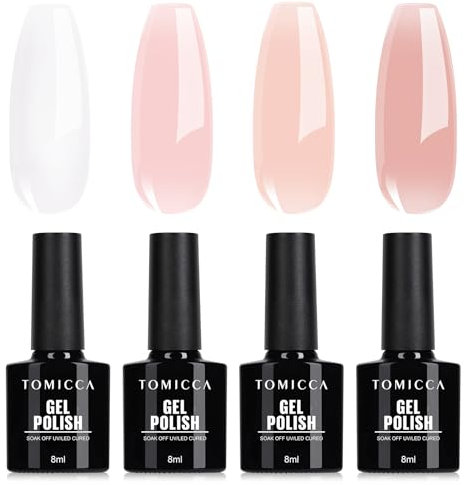 TOMICCA UV Nagellack Set, 4 Farben Milchig Weiß, Rosa Gel Nagellack Für UV Lampe Soak-Off UV/LED für Nagelstudio & DIY Home, 8ML