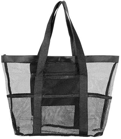 MBAIYO Netz Strandtasche mit Tasche, Mesh Beach Bag für Sandspielzeug Faltbare Handtaschen mit Reißverschluss Wasserdicht Badetasche Schwarz Netztasche für Strand Urlaub Reise 12.9x12.9inch