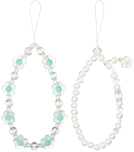 OFFCUP 2 Piezas Colgante de Mano para Móvil, Cuerda Para Movil, Cordón de Teléfono con Cuentas de Perlas y Flores, Correa De Muñeca para Teléfono, Colgante Movil