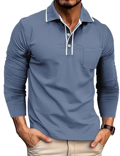 Gleam Ledra Poloshirt Herren Langarm Klassisches Baumwollmix Golfshirt Polohemd mit Knopfleiste 024 Jeansblau L