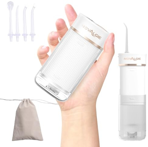 Novalgie Tragbare Reise-Wasser-Zahnseide: Mini schnurlose Munddusche mit Teleskop-180-ml-Tank, 3 Modi, 5 Düsen, IPX7 wasserdichter Zahnreiniger für Zahnspangen, kiefergerecht, empfindliches