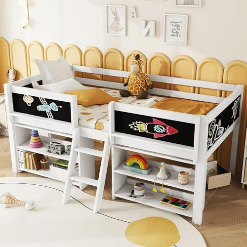 okwish Halbhochbett 90x200 cm Bettgestell mit Stauraum, Kinderbett Hochbett mit Leiter & Rausfallschutz für Kinder Jugendliche, Holzbett mit Zeichentafel & Ablagefächern, Weiß