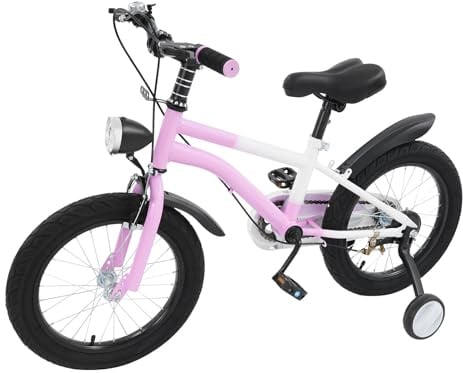 Vélo pour enfant de 16 pouces avec roues stabilisatrices et lumière LED, vélo pour filles et garçons avec sonnette manuelle et garde-boue, réglable de 5 à 8 ans, rose, 16 pouces
