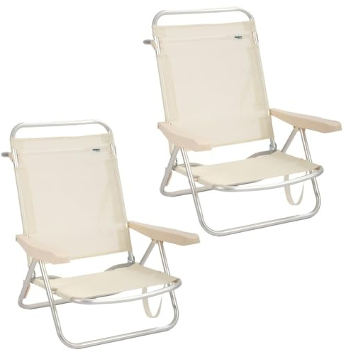 LOLAhome 2 sillas Playa Plegables Beige, sillas Camping, sillas Bajas reclinables 4 Posiciones, sillas Aluminio con Respaldo-Asiento textileno Transpirable, sillas fácil Transporte.