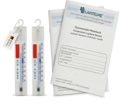 Lantelme 2x Kühlschrankthermometer analog Set mit Haken zum Aufhängen + 2x Thermometer Dokumentationsheft 12 Monate 3 mal täglich - für Gefrierschrank Kühltheke und Kühltruhe