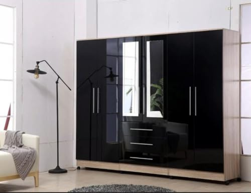 UNIQUE FURNISHINGS LTD High Gloss Black 6 Door Wardrobe with 3 Drawers & Full Length Mirror - Large Modern Bedroom Storage Closet