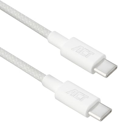 ACT USBC auf USBC Ladekabel 60W PD, 2m, Weiß Schnellladen – AC3081 | Vorkonfektioniert, 4PPoE 100W Unterstützung, 23AWG, B2ca-Klassifizierung, RJ45-Stecker, für Hochrisiko-Umgebungen