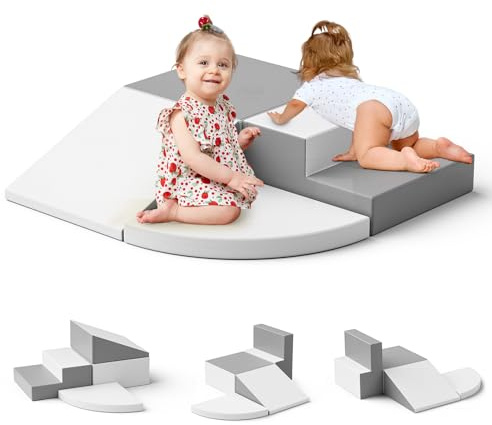 Krovtoy 4-teilige Schaumstoff Kletterbausteine Grau-Weiß, Kombinierbare Softbausteine mit Klettverschluss, Pädagogisches Spielzeug für Kleinkinder Indoor & Kindergarten