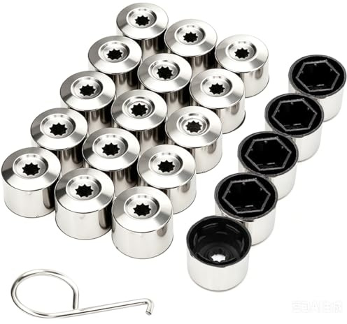 Guuzi 20pcs Tapas Tuercas Rueda 17mm,Cubiertas Hexagonales Universales Tuercas Tornillos Neumáticos Coche: 4 Tapas Pernos Bloqueo Antirrobo+16 Tapas Normales,Herramienta Eliminación Incluida(Cromo)