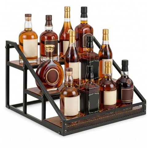 GREENSAPPIRE 3-Tier Liquor & Spirits Display Shelf, Retro Bar Shelves for Whiskey, Wine & Coffee Syrups, 12-Bottle Rack Organizer for Home Bar, Mini Bar & Kitchen Coffee Station
