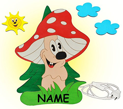 alles-meine.de GmbH Wandlampe aus Holz - Fliegenpilz/Pilz mit Sonne und Wolken incl. Name - Lampe mit Schalter für Kinder - Kinderzimmer/Nachtlicht/Schlummerlicht für Junge..