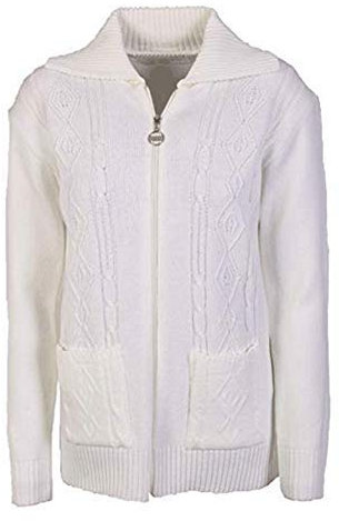 CELEB LOOK W46 Celebmodelook New Womens Zipped Cable Knit Long Sleeve Zip Up Fasten Jumper Top Ladies Classic Knitwear Zipper Cardigan in Plus Size. (M/L (UK 12-14), White)