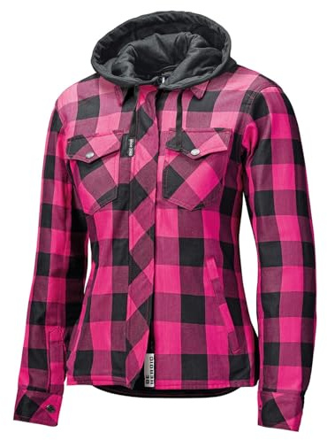 Held Lumberjack 2 - Chemise de moto pour femme avec protections, certifiée CE EN 17092, en flanelle, capuche amovible, protections souples au niveau des épaules et des coudes, noir/rose, taille D-L