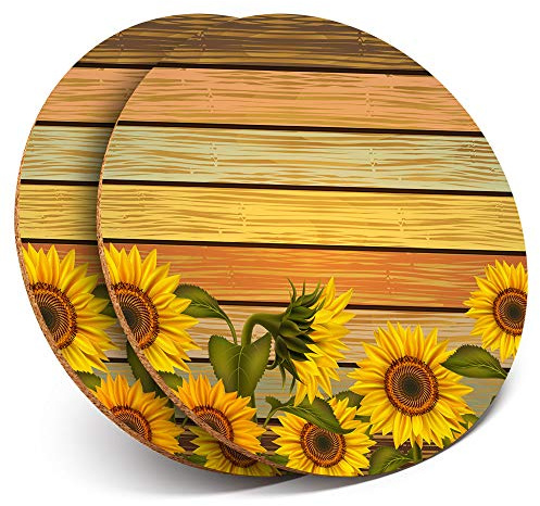 2 x Round Coasters - Sunflowers on Rustic Wood Flowers Sun - Cork Backed Home Kitchen Accessory Tea Coffee Mug Mat #14663