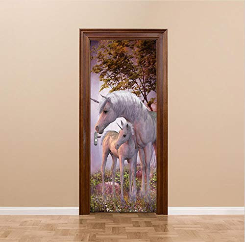 PinchPIPI 3D Türaufkleber Pferde Thema Türbild Einhorn PVC Selbstklebende Innentüren Türfolie wasserdichte Abnehmbare für Schlafzimmer Wohnzimmer Dekoration Wandbild 77x200cm