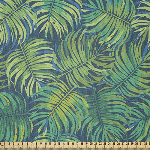 ABAKUHAUS Hojas Tela por Metro, Hawaiano follaje tropical, Tela Elastizada Estampada para Costura Arte y Bricolaje, 3 Metros, Verde azul de la noche