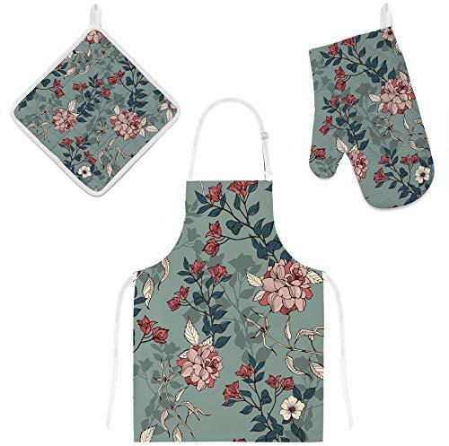 My Daily Kochschürze mit Taschen, Ofenhandschuh und Topflappen Set, Vintage Grüne Blume Verstellbare Schürze, Mikrowellen-Handschuh, Topflappen 3-teiliges Küchengeschenk-Set