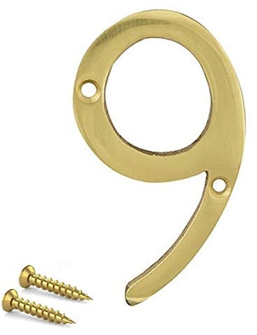 TERF® 3 Inch (75mm) Brass Polished Finish Screw Fix Front Door Number '' 9 '' Mailbox Hotel House Door Number Suitable for All Door Types Wooden, u PVC and Composite With Fixing Screw [ Number - 9 ]