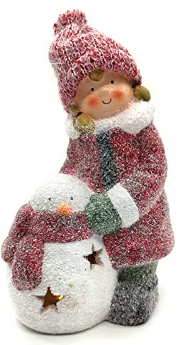 DARO DEKO Winterkind Mädchen mit LED Schneemann 27cm Dekofigur Weihnachtsdeko
