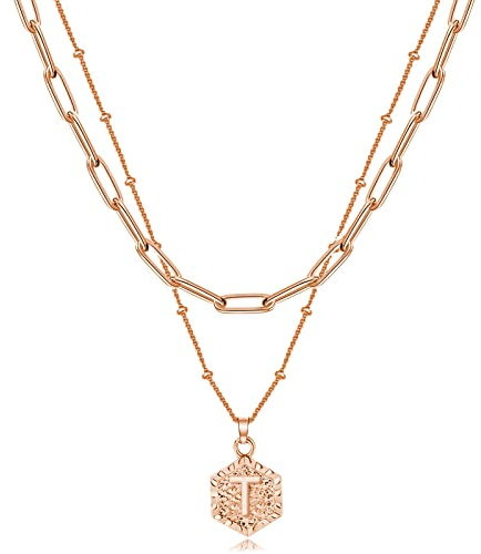 Rose Gold Initial Necklaces for Women Paperclip Chain Choker Layered Necklaces for Teen Girl Christmas Gifts, other, other,
