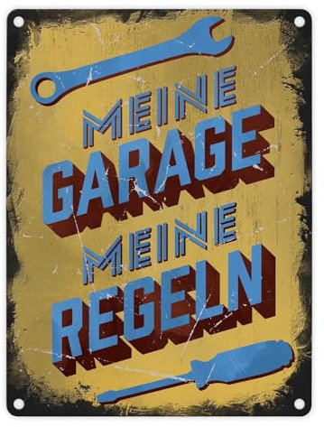 Meine Garage meine Regeln Metallschild in 15x20 cm im Used-Look Witziges Blechschild in Retrooptik Geschenk für KFZ-Mechaniker und Väter