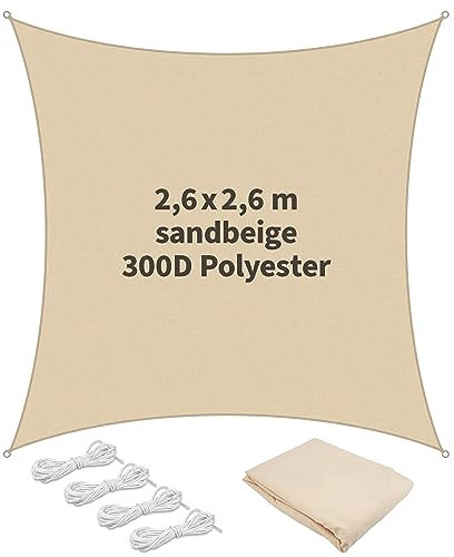 TTL Garden 2,6x2,6m Sonnensegel Quadrat Sand-beige - Premium Polyester 300D 160g/m² 93% Abschattung - reißfest & robust Sonnenschutz & Wetterschutz für Garten, Balkon & Terrasse, mit 4X Schnur 1,5m
