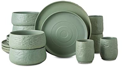 Stone by Mercer Project SHOSAI Geschirrset aus Steingut, Teller und Schüsseln, modernes Geschirrset für 4, Salbei, 16-teilig