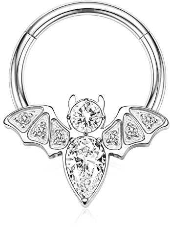 AROWRO 16G Septum Schmuck Septum Ring 8mm Daith Ohrringe Septum Clicker Nasenringe CZ Fledermaus Daith Piercing Schmuck Helix Tragus Rook Lobe Ohrringe 316L Chirurgenstahl Knorpelohrring Silber