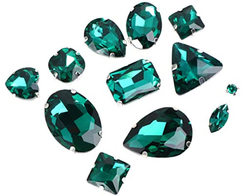 50Pcs Dark Green Crystal Claw Rhinestones for DIY Sewing Mixed Shapes Glass Teardrop Gems with Silver Flat Base for Garment Clothes DIY Craft Shoes Dress Jewelry Making
