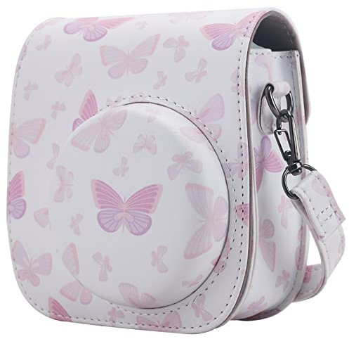 Frankmate Étui de protection compatible avec mini appareil photo instantané 12 11 9 8 avec poche pour accessoires et sangle réglable, Papillon blanc et rose, ludique