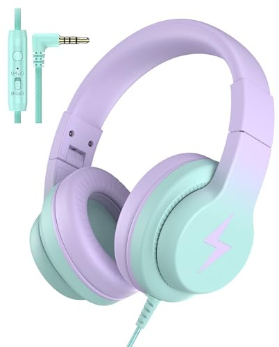 Candy Bila Kids Headphones, Wired Headphones for Kids Over Ear with Microphone, 85/94dB Volume Limiter Headphone for Girls Boys, Foldable Headphone for Learning & Entertainment,Gradient Purple