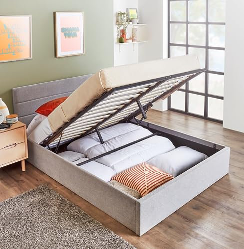 Home Treats Double Bed With Storage | Ottoman Double Bed Frame | Upholstered Grey Storage Bed (135 x 190 cm, No Mattress)