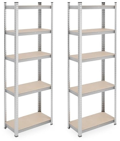 Relaxdays Set da 2 Scaffali in Acciaio, 180x60x30 cm, con 5 Ripiani ad Alta Portata 500 kg per Garage e Cantina, Argento, Fibra di Legno