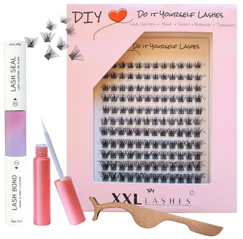 DIY Kit de cils à faire soi-même, ensemble d'extensions de cils XXL Lashes, 144 cils en grappe de 5 longueurs différentes, y compris colle/adhésif, scellant, dissolvant, applicateur et manuel (Wispy)