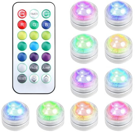 Raykce 10 Pack Mini Submersible LED Light with Remote, Colourful Battery Tea Lights ABS Material Shell Waterproof Pool Lights for Pool Party Decorations Valentine's Day Wedding Party [Energy Class A]