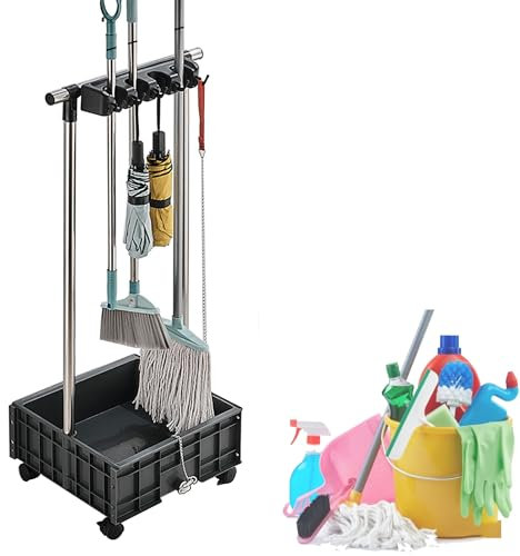 Soporte para fregona y escoba, soporte móvil para fregona y escoba, suministros de limpieza para limpieza del hogar, cubo para fregona, carros de limpieza con ruedas, organizador de herramie