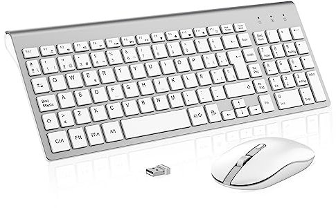 Combo Teclado Ratón Inalámbrico,cimetech KF10 EasyTyping [Teclas Que ahorran Trabajo] Teclado y ratón inalámbricos ultrafinos para Ordenador, fácil de configurar para PC/portátil/Mac/Windows,Plata