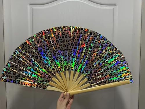 Fantastico Foldable Handheld XL Fan - XL Display Fan - Beach, Club, Festival, Party Vibrant XL Fans 65cm Wide! 35cm Tall! (Holographic Shimmer - Blue Rainbow Leopard)
