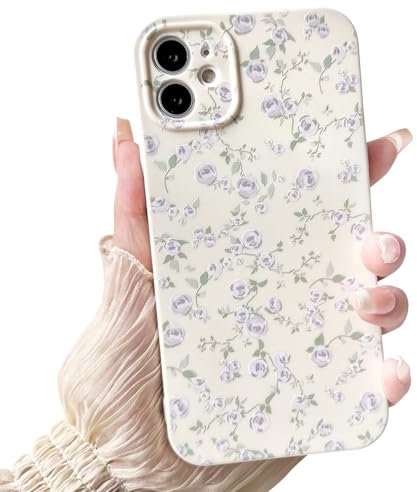 NITITOP Compatible with iPhone 12 Case Cute Flower for Women Girls Floral Purple Rose Design Vintage Shockproof Soft Girly Slim TPU Fashion Protective Phone Cover - Purple