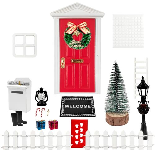 RAFIYU Puerta Elfo Navidad, 21 Piezas Miniatura Puerta Elfo Decoración Navideña, 1:12 Casa de Muñecas Decoración navideña, Gnomo Puerta Accesorios con Botas, Farolillo, Guirnalda, Cerca